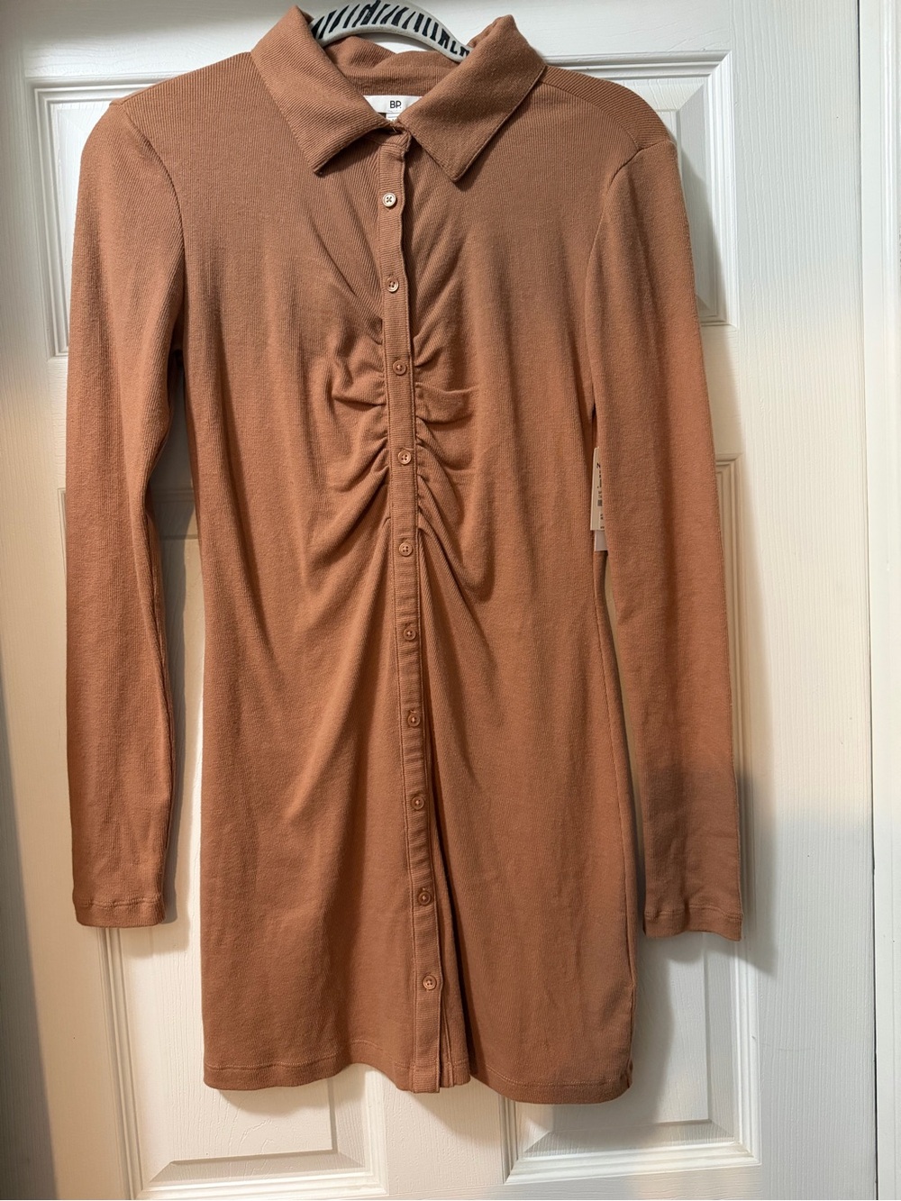 bp Camel Brown Long-Sleeve Ruched Button-Front Dress